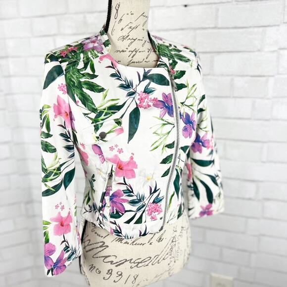 Guess Floral Print Moto Leather Zip Up Jacket Size Small - Picture 3 of 15